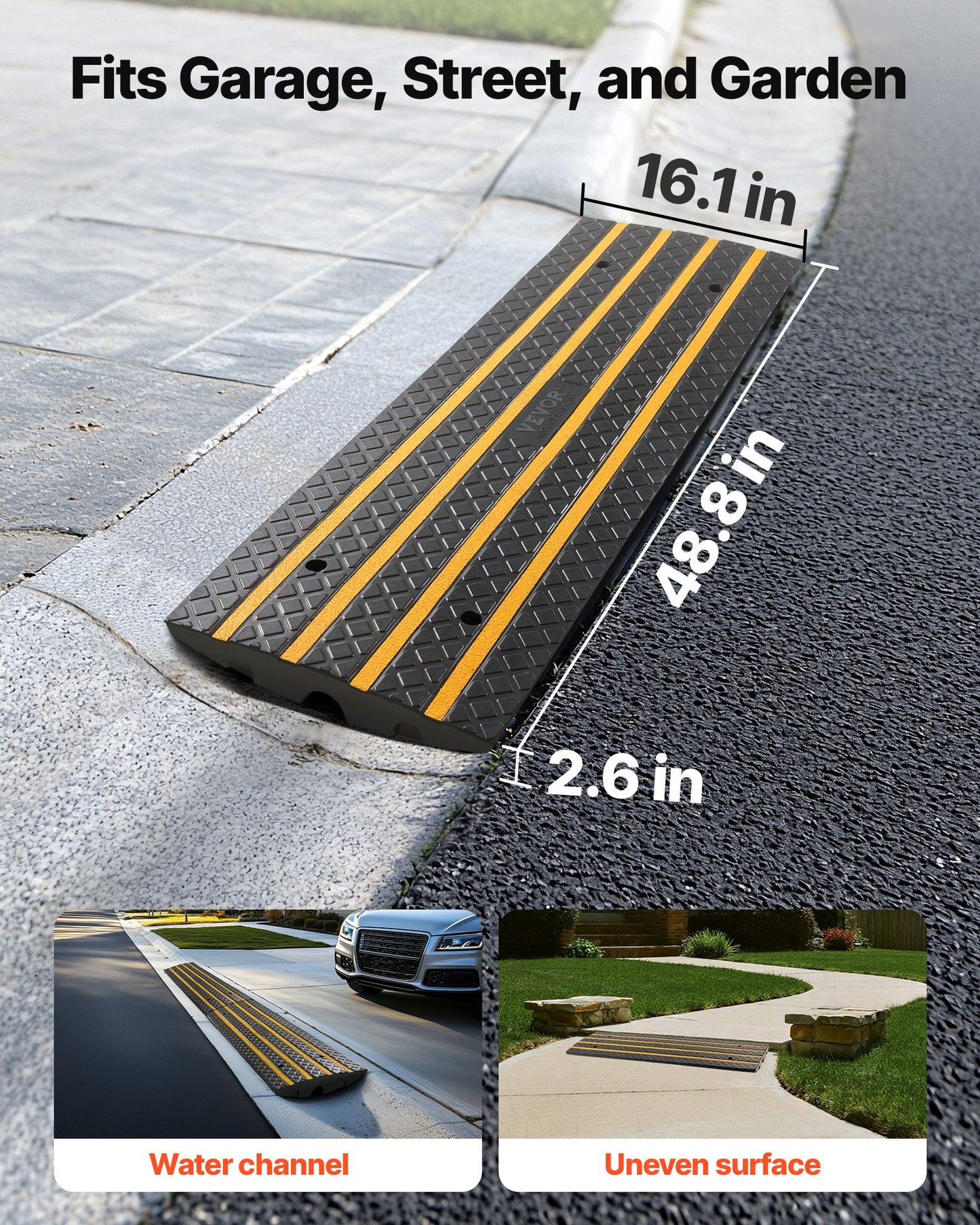 Gummikantramp för biluppfart, 15 tons lastkapacitet, 66 mm stigning, trottoarkantsramp med gula reflexremsor, lämplig för lastkaj, lager, garage, trottoar (1-pack)