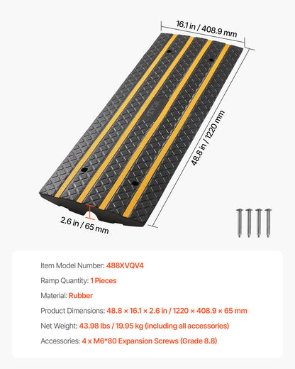 Gummikantramp för biluppfart, 15 tons lastkapacitet, 66 mm stigning, trottoarkantsramp med gula reflexremsor, lämplig för lastkaj, lager, garage, trottoar (1-pack)