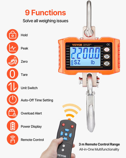 Digital Crane Scale, 2200 lbs/1000 kg, Industrial Heavy Duty Hanging Scale with Remote Control, Cast Aluminum Case & LCD Screen, High Precision for Construction, Factory, Farm, Hunting (Orange)