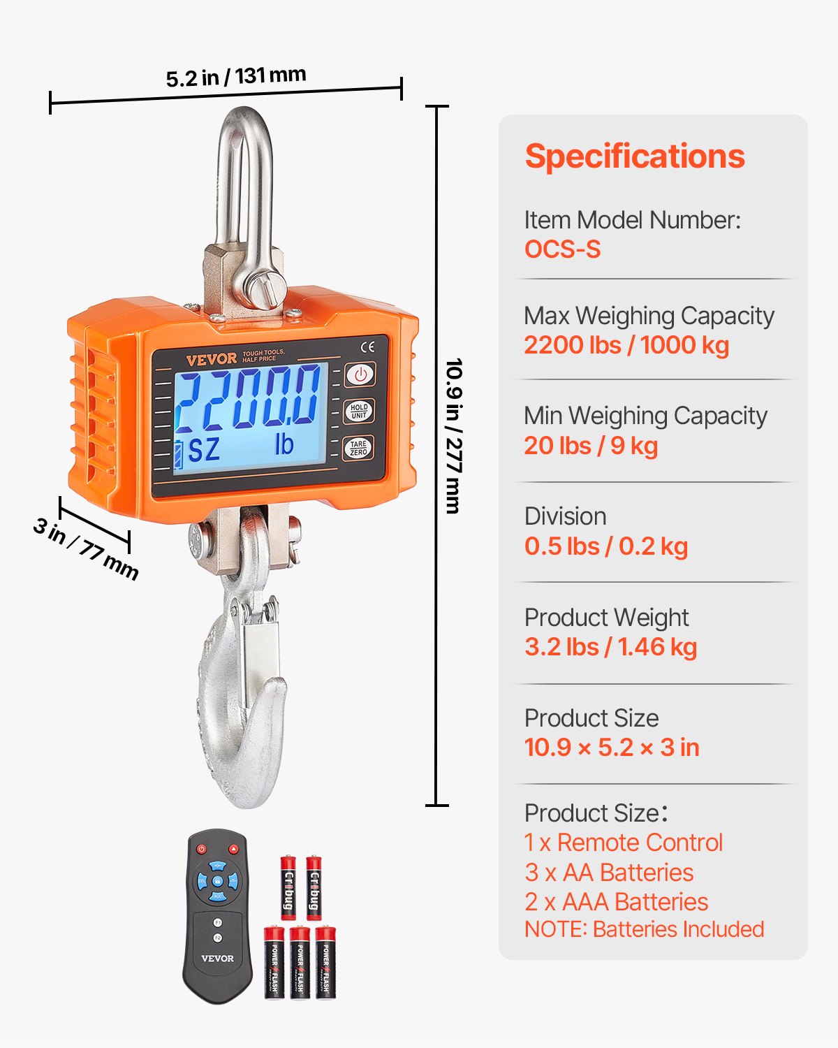 Digital Crane Scale, 2200 lbs/1000 kg, Industrial Heavy Duty Hanging Scale with Remote Control, Cast Aluminum Case & LCD Screen, High Precision for Construction, Factory, Farm, Hunting (Orange)