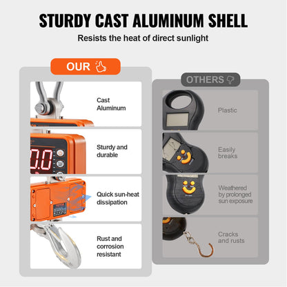 Digital kranvåg, 1000 kg, industriell kraftig hängvåg med fjärrkontroll, gjuten aluminiumhölje och LED-skärm, hög precision för bygg, fabrik, gård, jakt (orange)