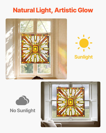 Fönsterpanel i målat glas, 501 x 527 mm, hängande överljuspanel i Tiffany-stil med kedja, stor vertikal rektangulär färgad glaspanel, traditionellt konsthantverk för köksinredning
