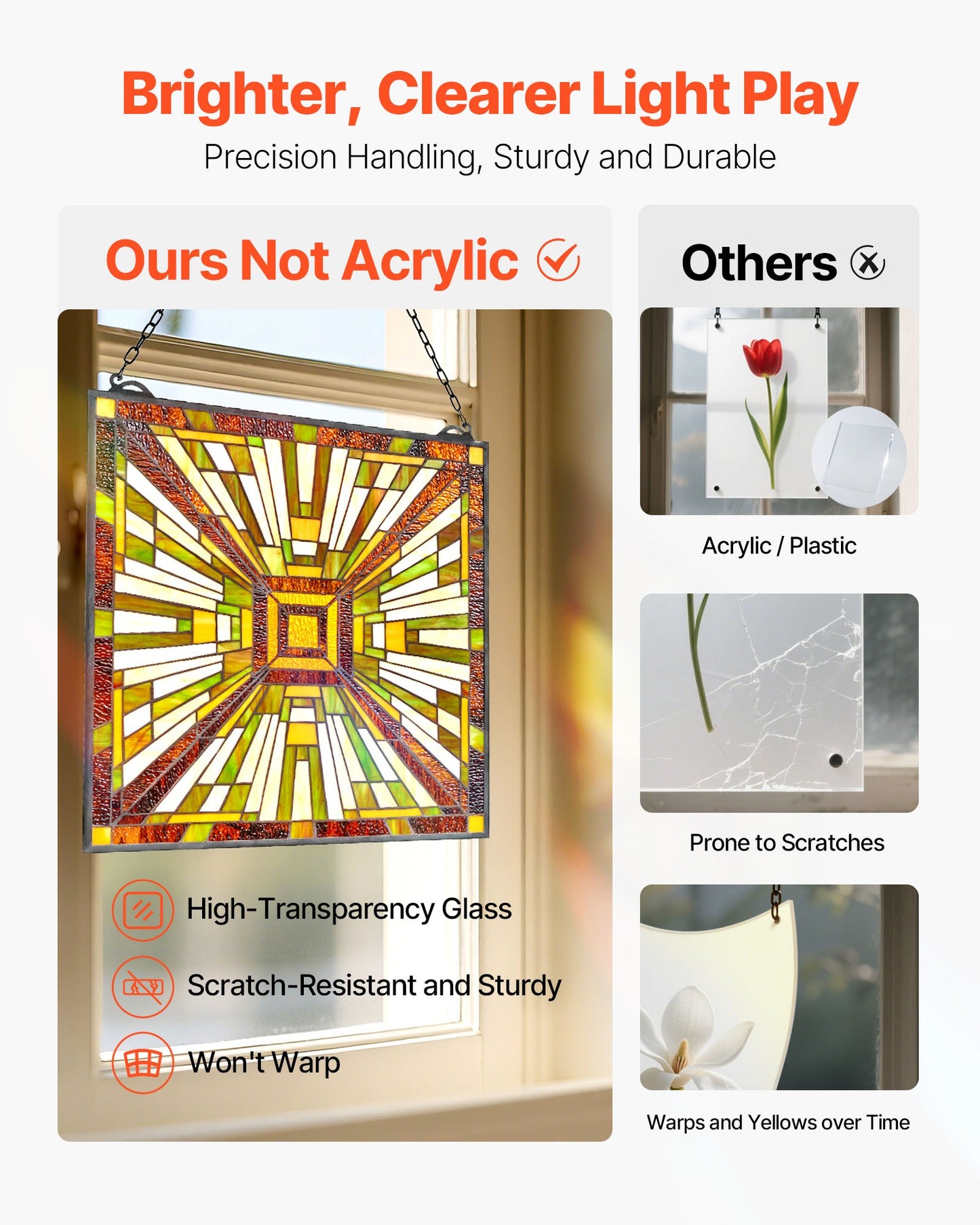 Fönsterpanel i målat glas, 501 x 527 mm, hängande överljuspanel i Tiffany-stil med kedja, stor vertikal rektangulär färgad glaspanel, traditionellt konsthantverk för köksinredning