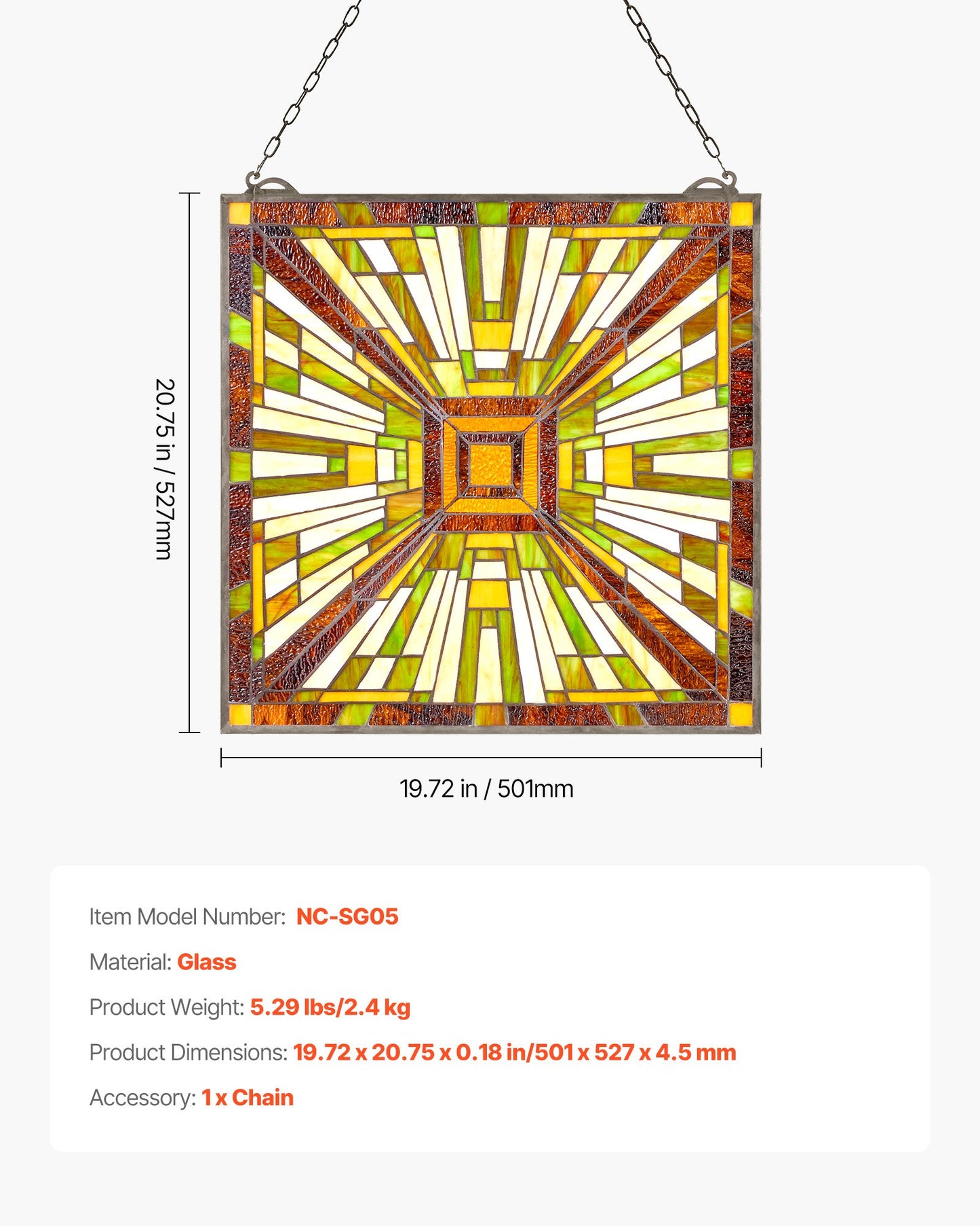 Fönsterpanel i målat glas, 501 x 527 mm, hängande överljuspanel i Tiffany-stil med kedja, stor vertikal rektangulär färgad glaspanel, traditionellt konsthantverk för köksinredning