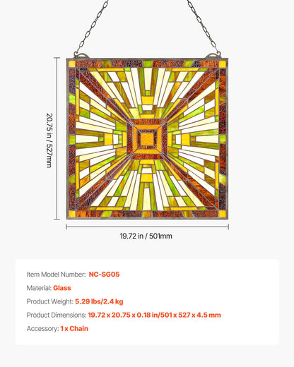 Fönsterpanel i målat glas, 501 x 527 mm, hängande överljuspanel i Tiffany-stil med kedja, stor vertikal rektangulär färgad glaspanel, traditionellt konsthantverk för köksinredning