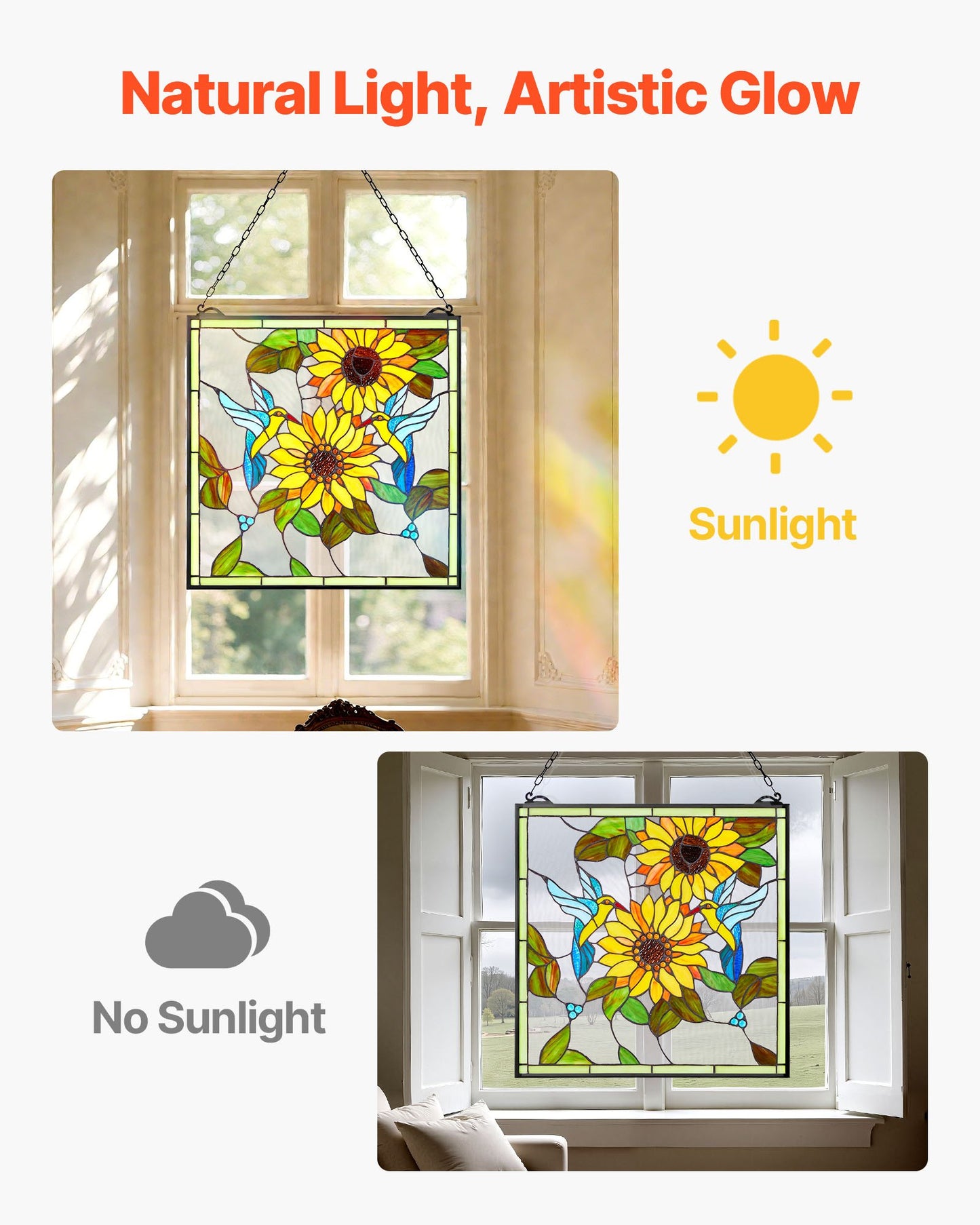 Fönsterpanel i målat glas, 502 x 520 mm, hängande överljuspanel i Tiffany-stil med kedja, stor vertikal rektangulär färgad glaspanel, traditionellt konsthantverk för köksinredning