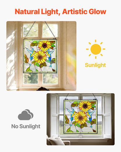 Fönsterpanel i målat glas, 502 x 520 mm, hängande överljuspanel i Tiffany-stil med kedja, stor vertikal rektangulär färgad glaspanel, traditionellt konsthantverk för köksinredning
