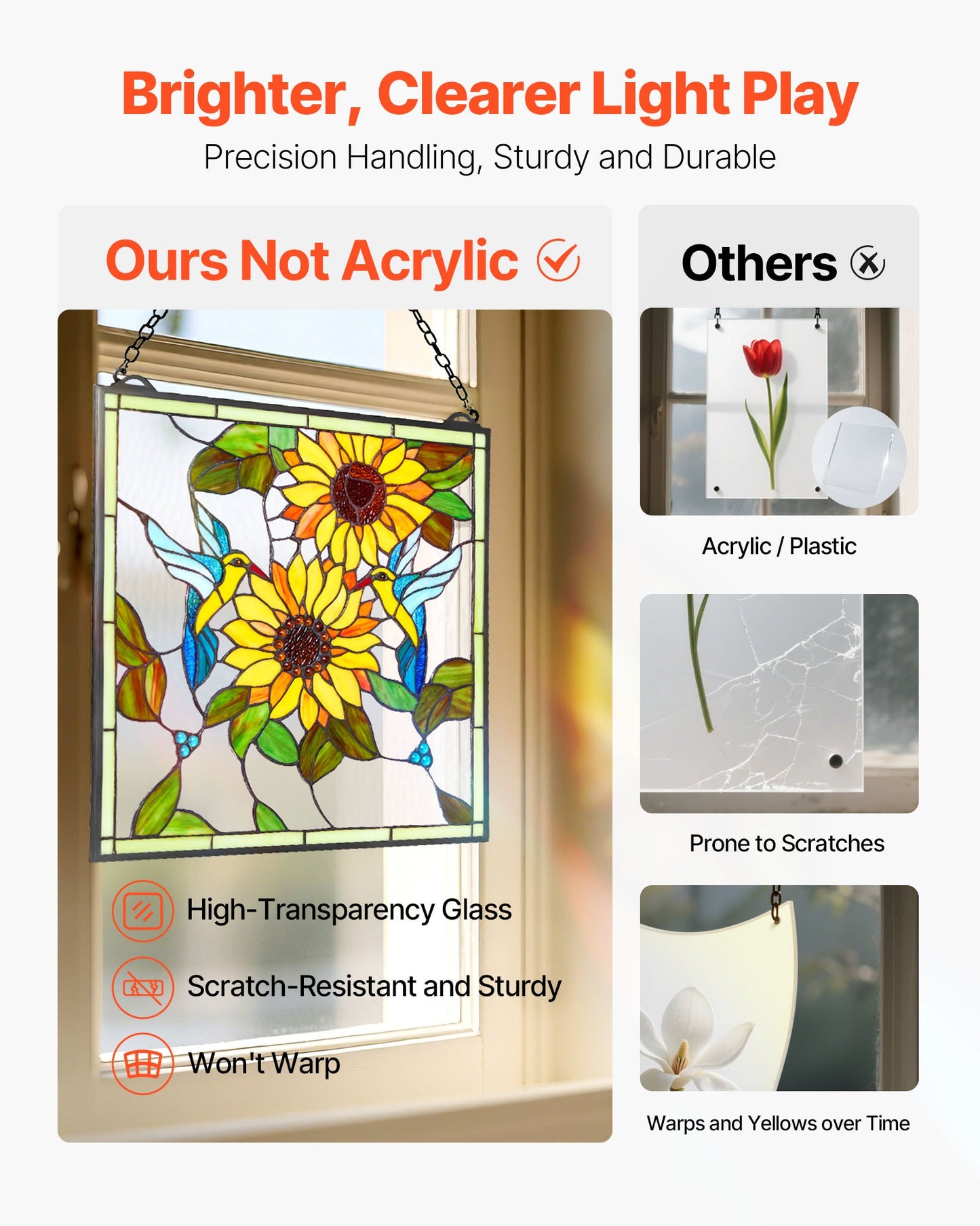 Fönsterpanel i målat glas, 502 x 520 mm, hängande överljuspanel i Tiffany-stil med kedja, stor vertikal rektangulär färgad glaspanel, traditionellt konsthantverk för köksinredning