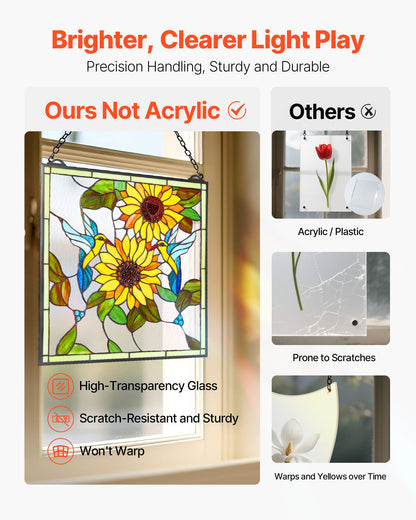 Fönsterpanel i målat glas, 502 x 520 mm, hängande överljuspanel i Tiffany-stil med kedja, stor vertikal rektangulär färgad glaspanel, traditionellt konsthantverk för köksinredning