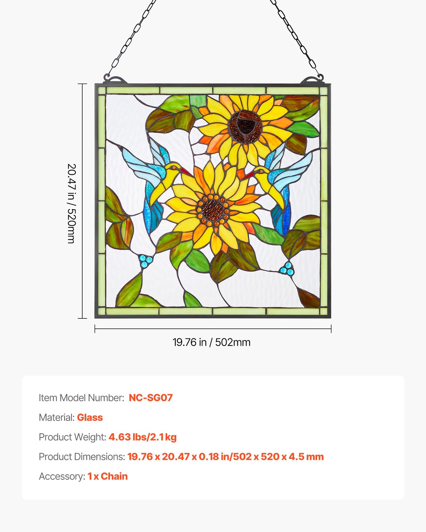 Fönsterpanel i målat glas, 502 x 520 mm, hängande överljuspanel i Tiffany-stil med kedja, stor vertikal rektangulär färgad glaspanel, traditionellt konsthantverk för köksinredning