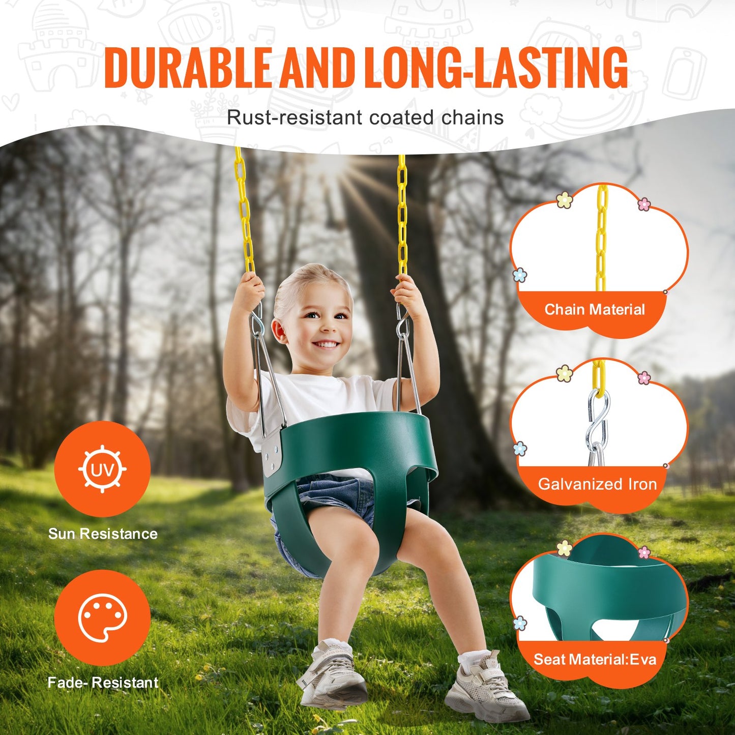 Toddler Swing Seat, High Back Full Bucket Baby Swing Seat with Coated Chains and Carabiners, Support 150 lbs Baby Outdoor Swing, Fully Assembled Swing for Toddlers Age 3+, Indoor and Outdoor