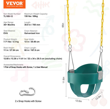 Toddler Swing Seat, High Back Full Bucket Baby Swing Seat with Coated Chains and Carabiners, Support 150 lbs Baby Outdoor Swing, Fully Assembled Swing for Toddlers Age 3+, Indoor and Outdoor