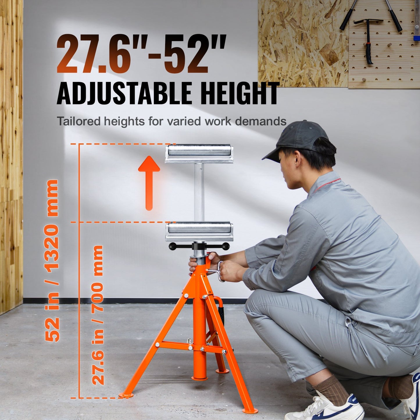Roller Stand, Heavy Duty 1134 kg Load Capacity, 700 mm-1320 mm Height Adjustable, 45# Steel Folding Roller Support Stand for Pipes, Wooden Boards