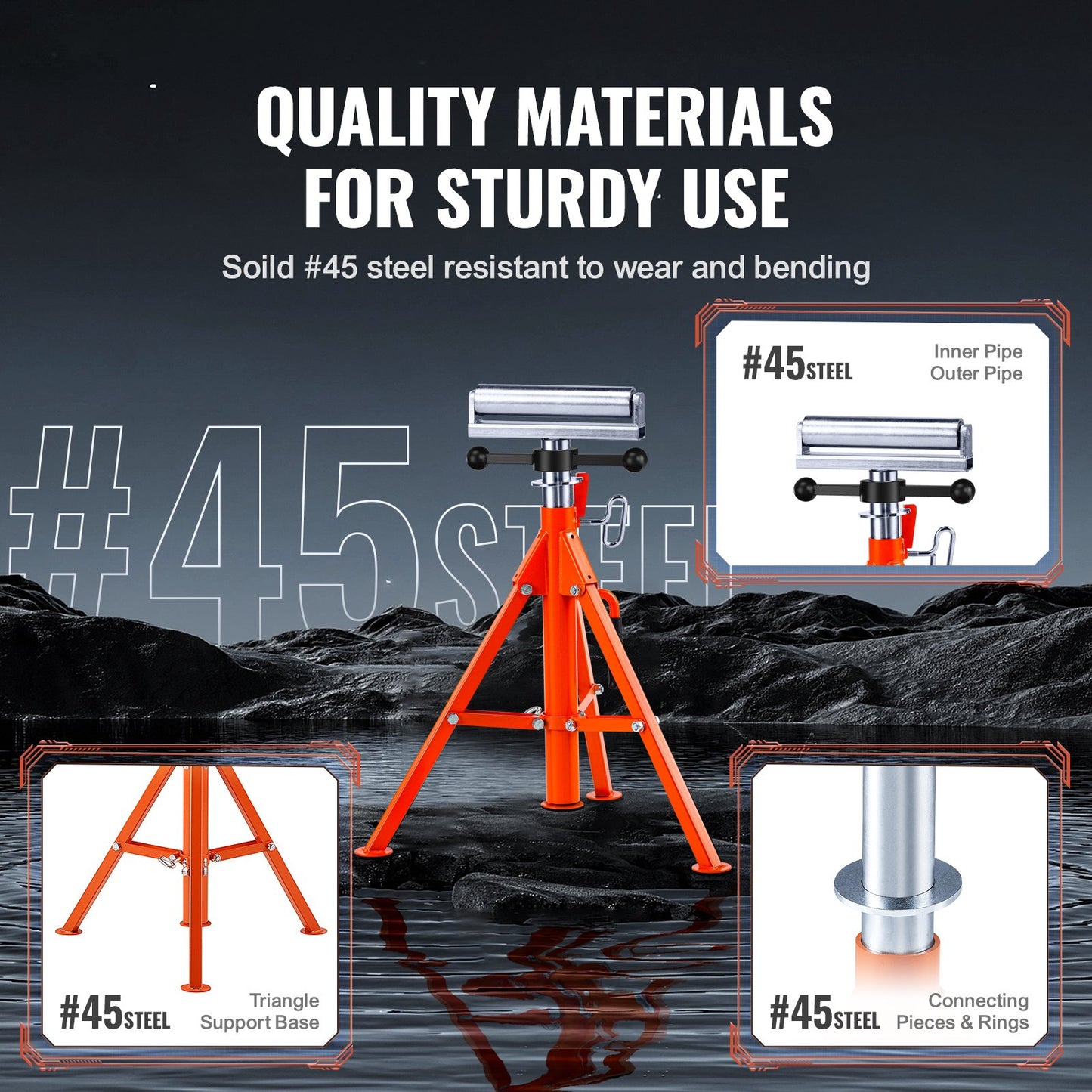 Roller Stand, Heavy Duty 1134 kg Load Capacity, 700 mm-1320 mm Height Adjustable, 45# Steel Folding Roller Support Stand for Pipes, Wooden Boards
