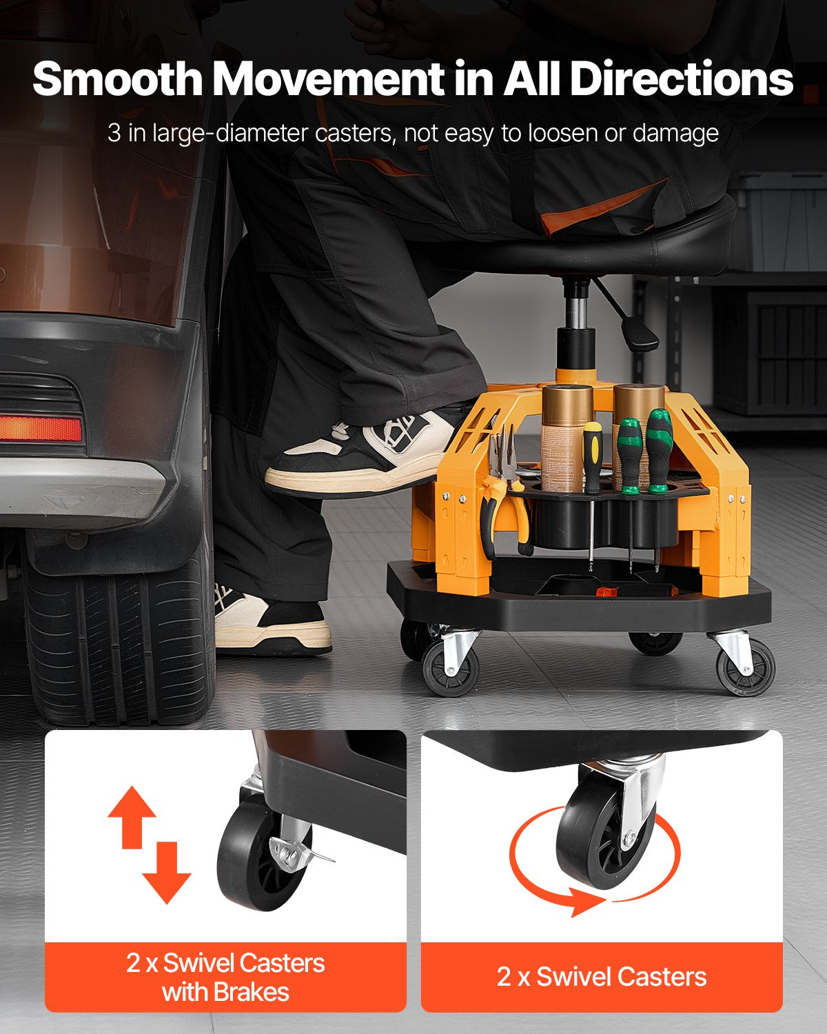 Rolling Shop Stool, Heavy-Duty Pneumatic Garage Seat with 300 lbs Capacity, Adjustable Height Roller Creeper Seat, 360° Swivel Padded Workshop Stool with Casters, for Garage, Shop & Auto Repair