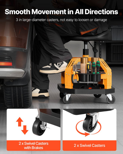 Rolling Shop Stool, Heavy-Duty Pneumatic Garage Seat with 300 lbs Capacity, Adjustable Height Roller Creeper Seat, 360° Swivel Padded Workshop Stool with Casters, for Garage, Shop & Auto Repair