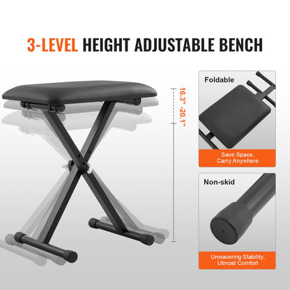 Piano Keyboard Stand and Bench Set, Z Style, Heavy-Duty Digital Piano Music Stand and Seat, 250 lbs Capacity with Adjustable Piano Bench Width Height Wheels, Fits for 54-88 Key Electric Pianos