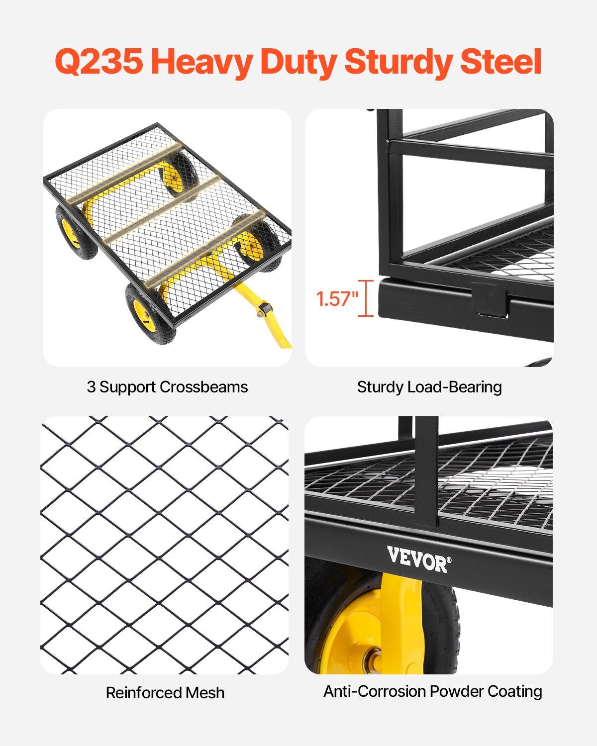 1200 Lbs Steel Garden Cart, Heavy Duty Pullable Garden Wagon Yard Cart, 2 in 1 Outdoor Metal Utility Wagon Yard Trailer with 13" All Terrain Tires, Mesh Removable Sides and 180°Rotating Handle
