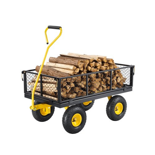 900 kg kraftig trädgårdsvagn i stål, trädgårdsvagn på hjul, utomhusbruksvagnar i metall för gårdsbruk med 10-tums däck och avtagbara nätsidor (kan omvandlas till flak) och 180° roterande handtag