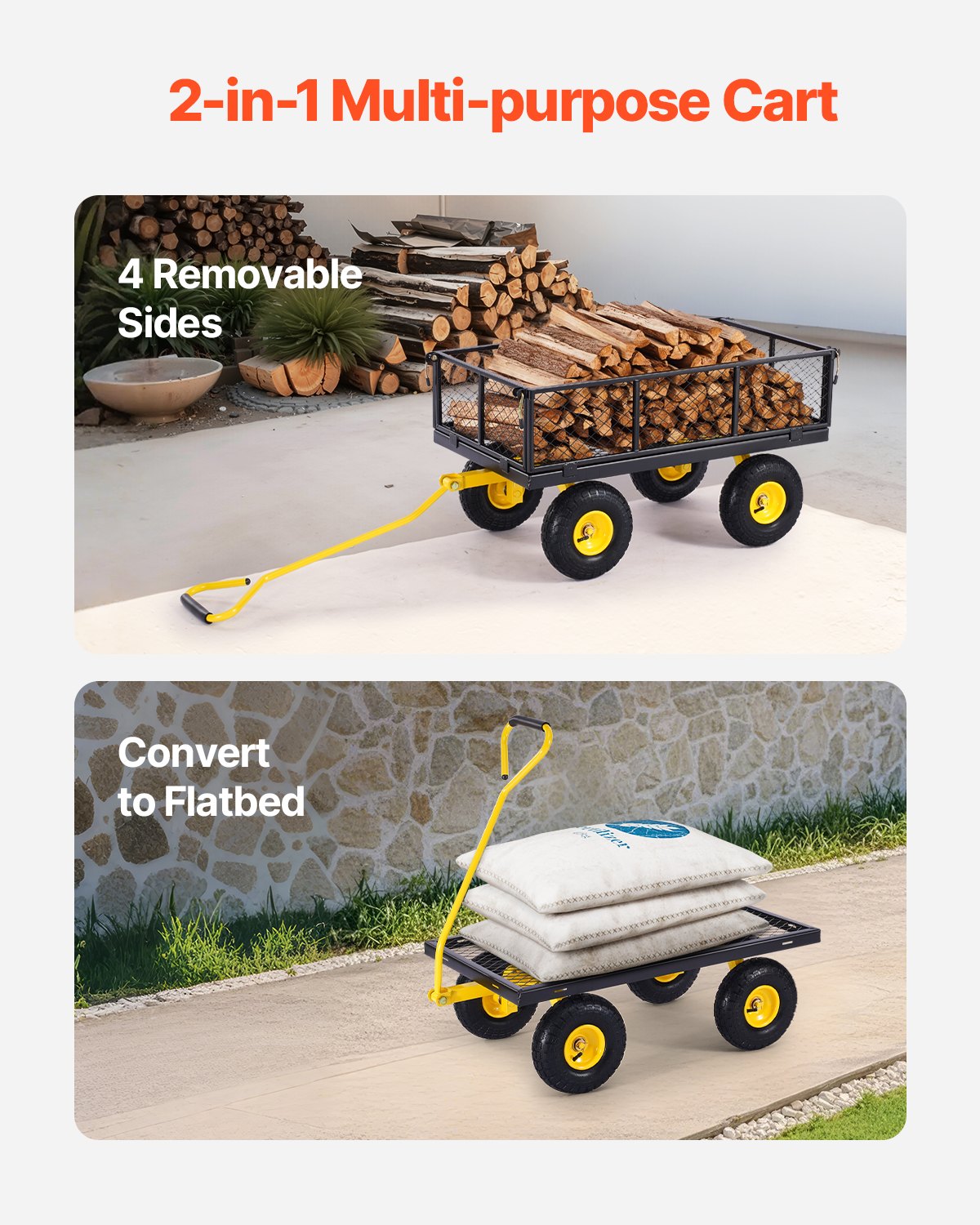 900 kg kraftig trädgårdsvagn i stål, trädgårdsvagn på hjul, utomhusbruksvagnar i metall för trädgården med 10-tums däck och avtagbara nätsidor (kan omvandlas till flak) och 180° roterande handtag