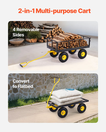900 kg kraftig trädgårdsvagn i stål, trädgårdsvagn på hjul, utomhusbruksvagnar i metall för trädgården med 10-tums däck och avtagbara nätsidor (kan omvandlas till flak) och 180° roterande handtag