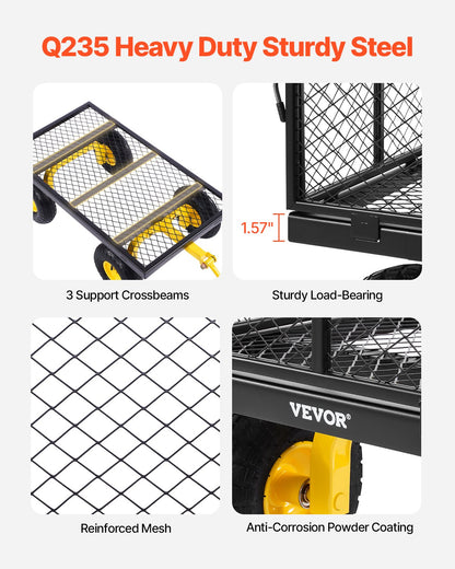 900 kg kraftig trädgårdsvagn i stål, trädgårdsvagn på hjul, utomhusbruksvagnar i metall för trädgården med 10-tums däck och avtagbara nätsidor (kan omvandlas till flak) och 180° roterande handtag