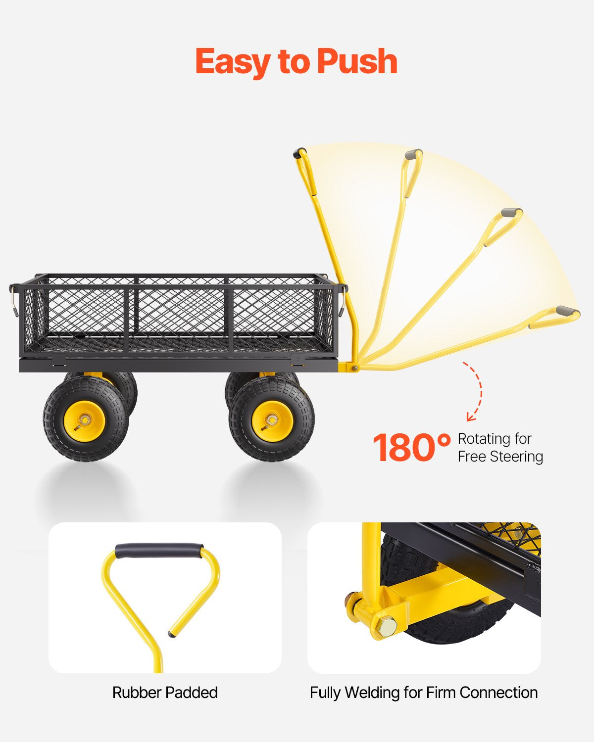 900 kg kraftig trädgårdsvagn i stål, trädgårdsvagn på hjul, utomhusbruksvagnar i metall för trädgården med 10-tums däck och avtagbara nätsidor (kan omvandlas till flak) och 180° roterande handtag