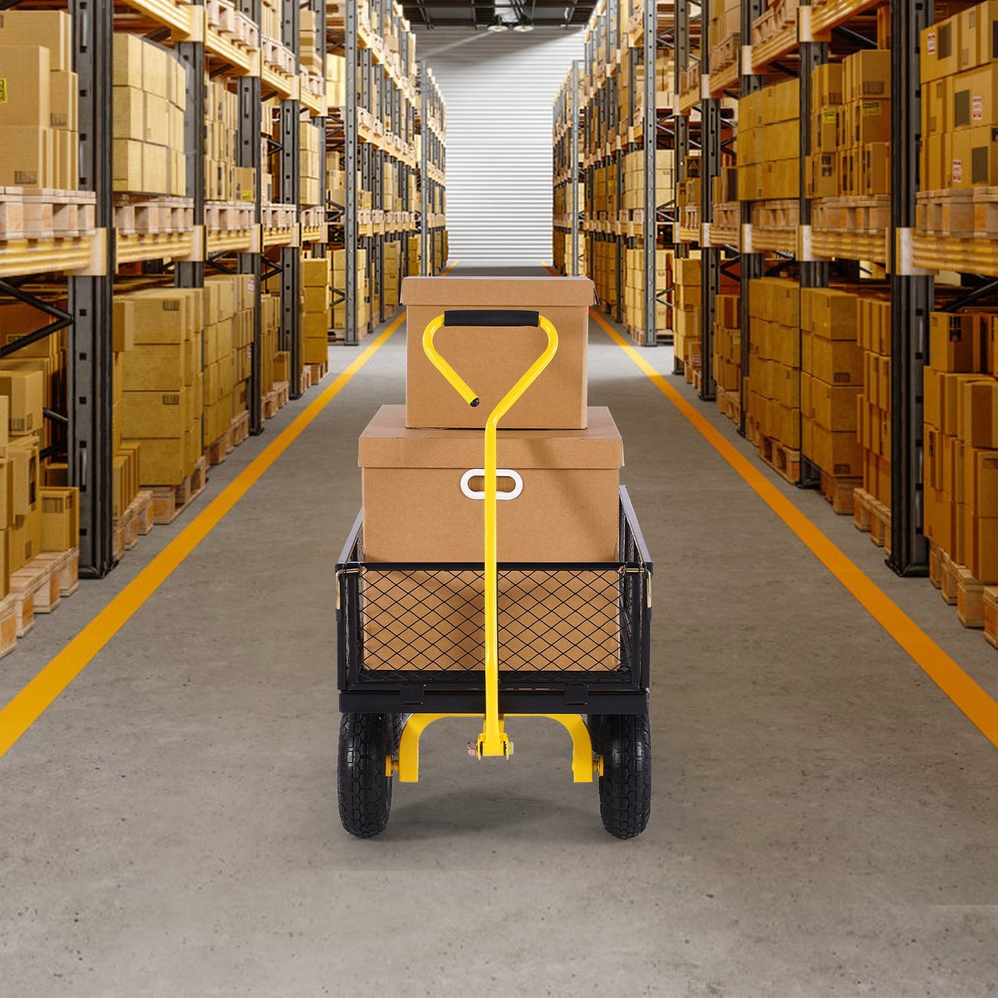 900 kg kraftig trädgårdsvagn i stål, trädgårdsvagn på hjul, utomhusbruksvagnar i metall för trädgården med 10-tums däck och avtagbara nätsidor (kan omvandlas till flak) och 180° roterande handtag