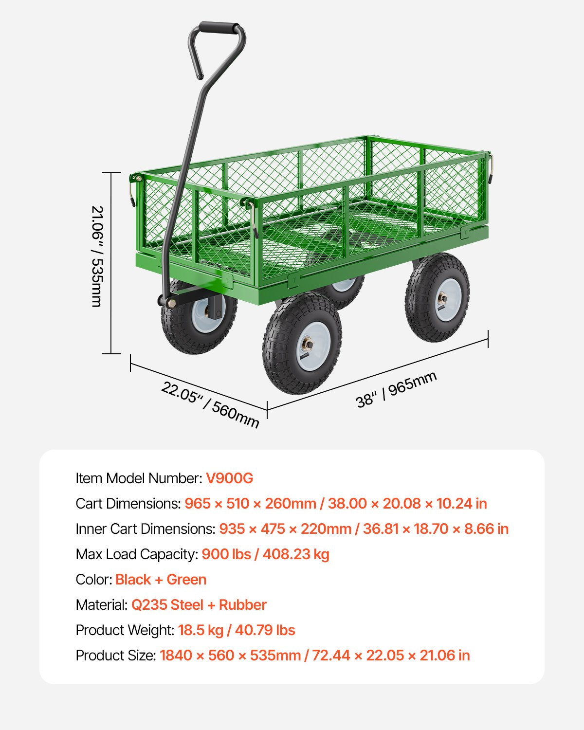 900 Lbs Steel Garden Cart on Wheels, Heavy Duty Pullable Garden Wagon Yard Cart, Outdoor Metal Utility Wagon with 10" Tires and Mesh Removable Sides(Convert to Flatbed), and 180°Rotating Handle