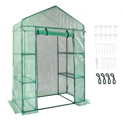 Walk-in Green House, 4.6 x 2.4 x 6.7 ft Greenhouse with Shelves, Set Up in Minutes, High Strength PE Cover with Doors & Windows and Steel Frame, Suitable for Planting and Storage, Green