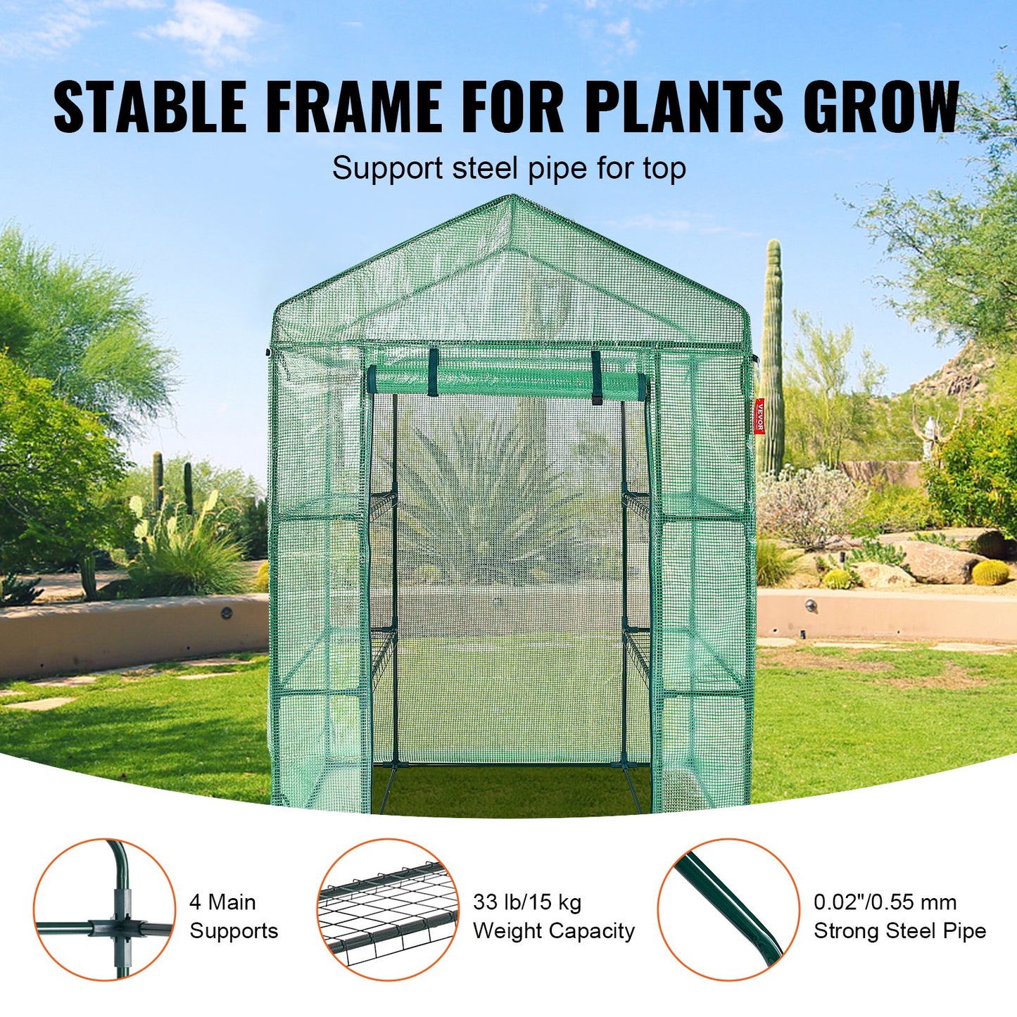 Walk-in Green House, 4.6 x 2.4 x 6.7 ft Greenhouse with Shelves, Set Up in Minutes, High Strength PE Cover with Doors & Windows and Steel Frame, Suitable for Planting and Storage, Green