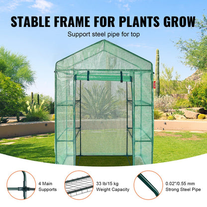 Walk-in Green House, 4.6 x 2.4 x 6.7 ft Greenhouse with Shelves, Set Up in Minutes, High Strength PE Cover with Doors & Windows and Steel Frame, Suitable for Planting and Storage, Green