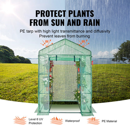 Walk-in Green House, 4.6 x 2.4 x 6.7 ft Greenhouse with Shelves, Set Up in Minutes, High Strength PE Cover with Doors & Windows and Steel Frame, Suitable for Planting and Storage, Green