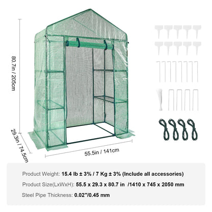 Walk-in Green House, 4.6 x 2.4 x 6.7 ft Greenhouse with Shelves, Set Up in Minutes, High Strength PE Cover with Doors & Windows and Steel Frame, Suitable for Planting and Storage, Green
