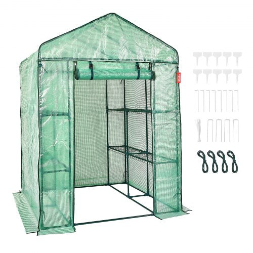 Walk-in Green House, 4.6 x 4.6 x 6.6 ft Greenhouse with Shelves, Set Up in Minutes, High Strength PE Cover with Doors & Windows and Steel Frame, Suitable for Planting and Storage, Green