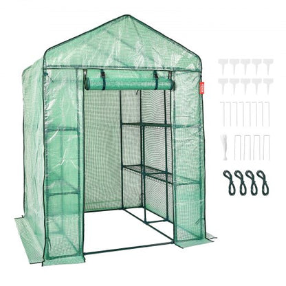 Walk-in Green House, 4.6 x 4.6 x 6.6 ft Greenhouse with Shelves, Set Up in Minutes, High Strength PE Cover with Doors & Windows and Steel Frame, Suitable for Planting and Storage, Green