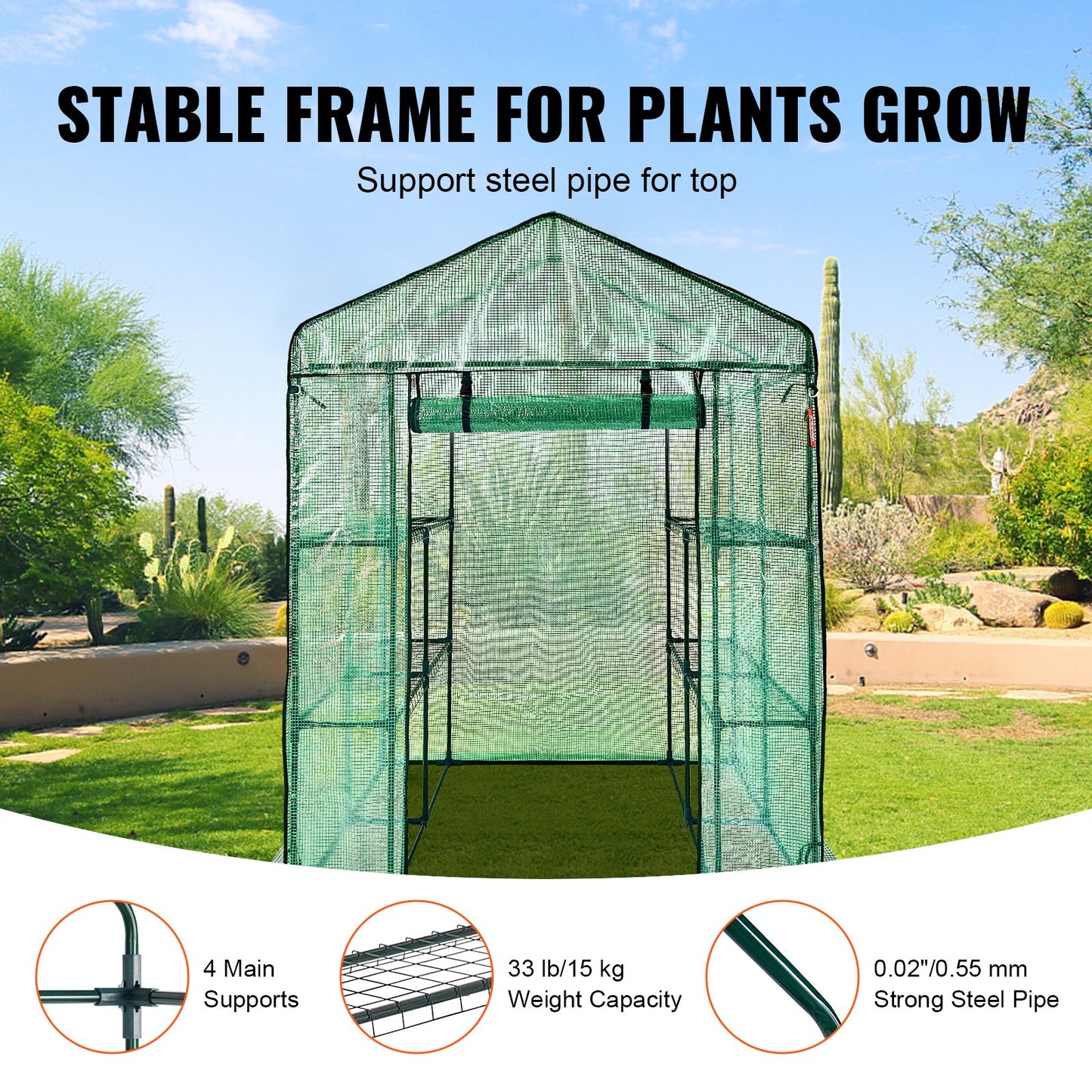 Walk-in Green House, 4.6 x 4.6 x 6.6 ft Greenhouse with Shelves, Set Up in Minutes, High Strength PE Cover with Doors & Windows and Steel Frame, Suitable for Planting and Storage, Green