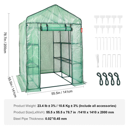 Walk-in Green House, 4.6 x 4.6 x 6.6 ft Greenhouse with Shelves, Set Up in Minutes, High Strength PE Cover with Doors & Windows and Steel Frame, Suitable for Planting and Storage, Green