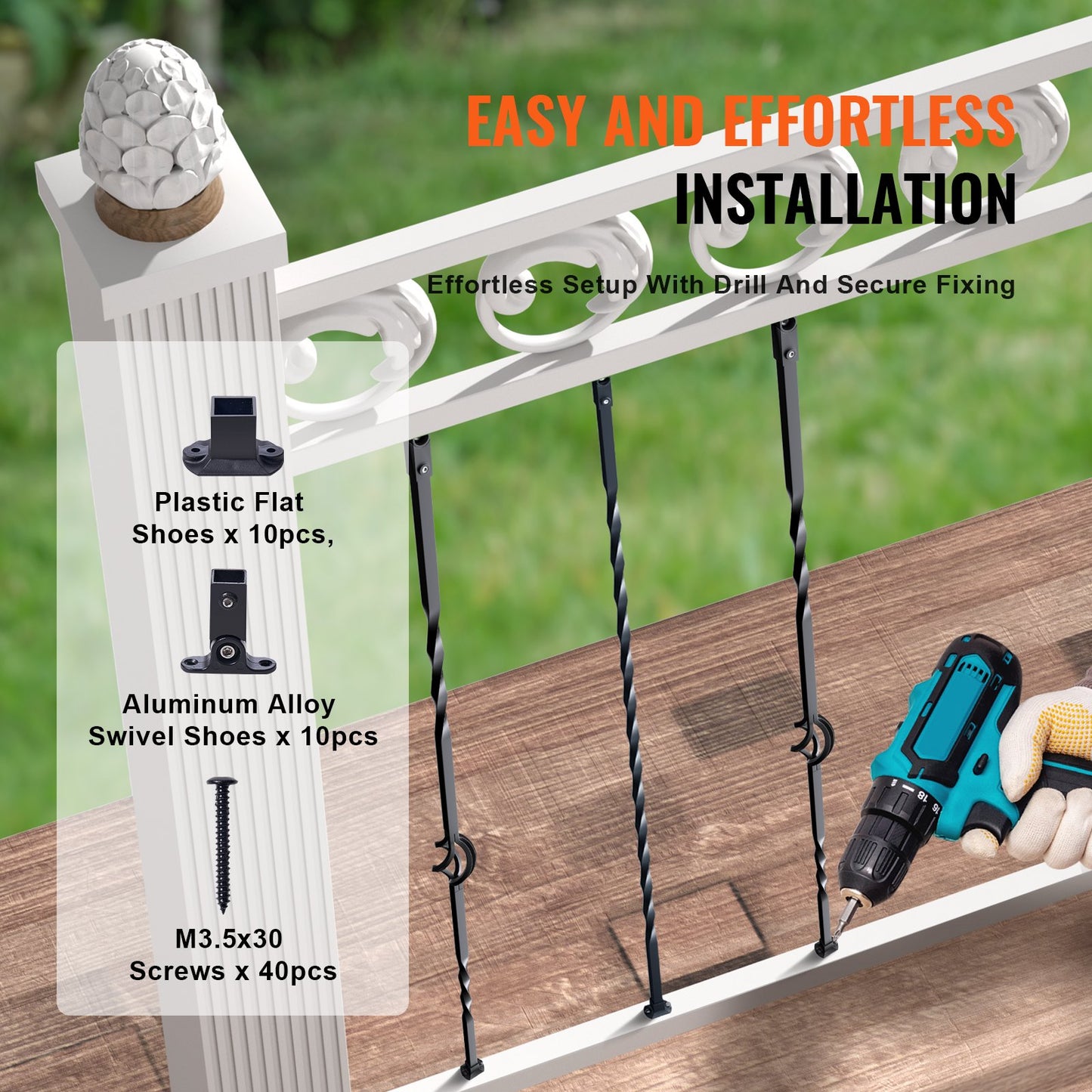 Metallbaluster för trappuppgång, dekorativa räckespindar i galvaniserat stål, 10-pack däckbaluster med ihåliga korgar, vridna räcken, spiralräcke med skor och skruvar