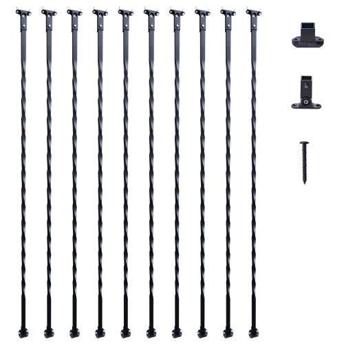 Metallbaluster för trappuppgång, dekorativa räckespindar i galvaniserat stål, 10-pack däckbaluster med ihåliga vridningar, spiralräcke i satinsvart med skor och skruvar