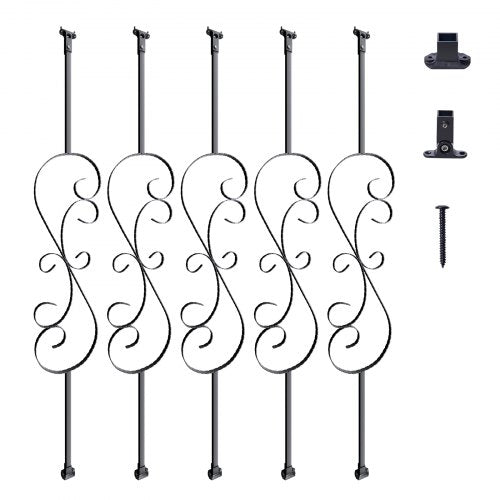 Staircase Metal Balusters, 44'' x 1/2" Galvanized Steel Decorative Banister Spindles, 5 Pack S Shape Deck Baluster, Hollow Satin Black Spiral Stair Railing with Shoes & Screws