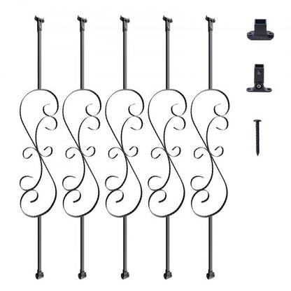 Staircase Metal Balusters, 44'' x 1/2" Galvanized Steel Decorative Banister Spindles, 5 Pack S Shape Deck Baluster, Hollow Satin Black Spiral Stair Railing with Shoes & Screws