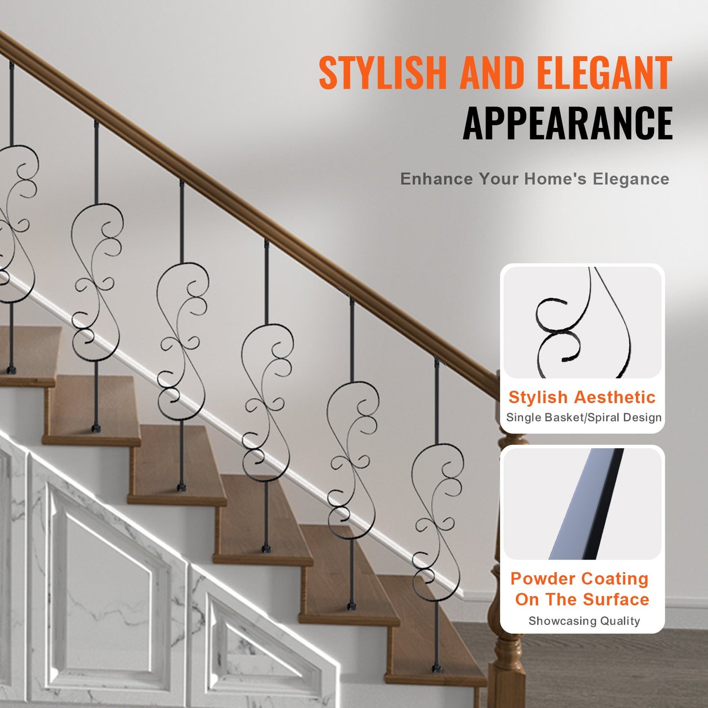 Staircase Metal Balusters, 44'' x 1/2" Galvanized Steel Decorative Banister Spindles, 5 Pack S Shape Deck Baluster, Hollow Satin Black Spiral Stair Railing with Shoes & Screws