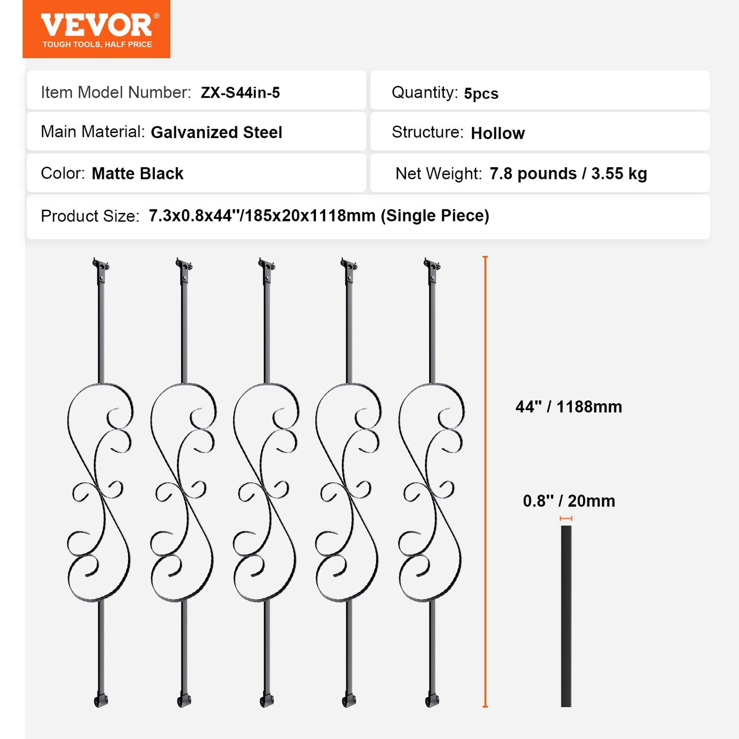 Staircase Metal Balusters, 44'' x 1/2" Galvanized Steel Decorative Banister Spindles, 5 Pack S Shape Deck Baluster, Hollow Satin Black Spiral Stair Railing with Shoes & Screws