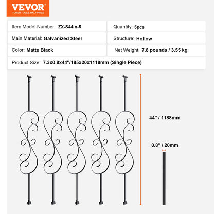 Staircase Metal Balusters, 44'' x 1/2" Galvanized Steel Decorative Banister Spindles, 5 Pack S Shape Deck Baluster, Hollow Satin Black Spiral Stair Railing with Shoes & Screws