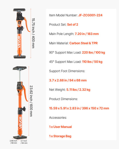 Cabinet Jack Support Pole, 2-Pack, 40-60 cm Steel Telescopic Quick Support Rod, Adjustable 3rd Hand System up to 100 kg Capacity for Installing Cabinets, Lifting Drywall, Cargo Bars