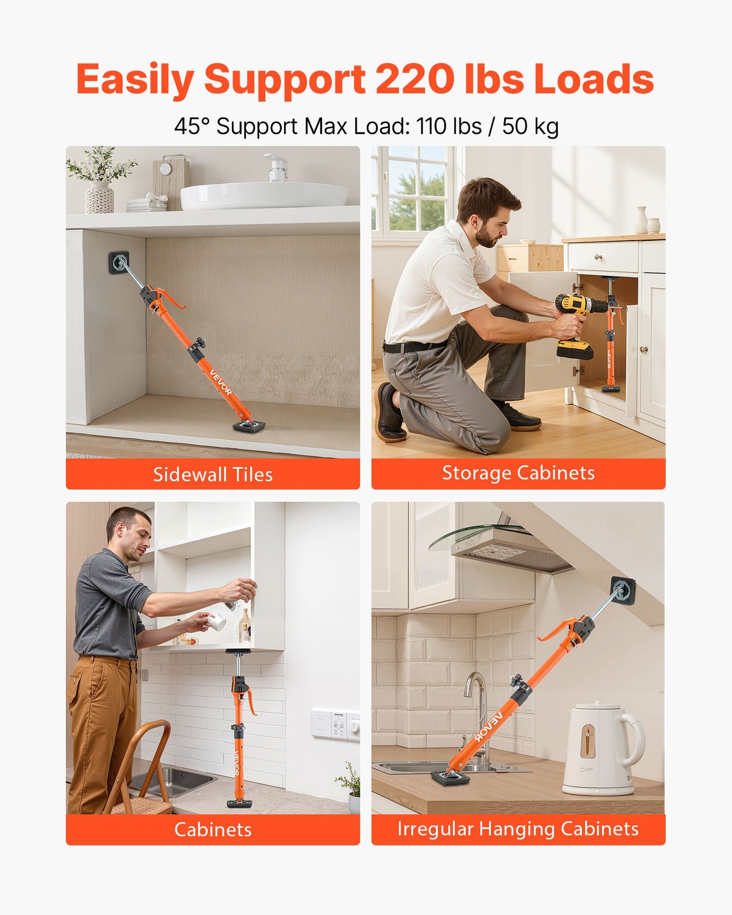 Cabinet Jack Support Pole, 2-Pack, 48-75 cm Steel Telescopic Quick Support Rod, Adjustable 3rd Hand System up to 100 kg Capacity for Installing Cabinets, Lifting Drywall, Cargo Bars
