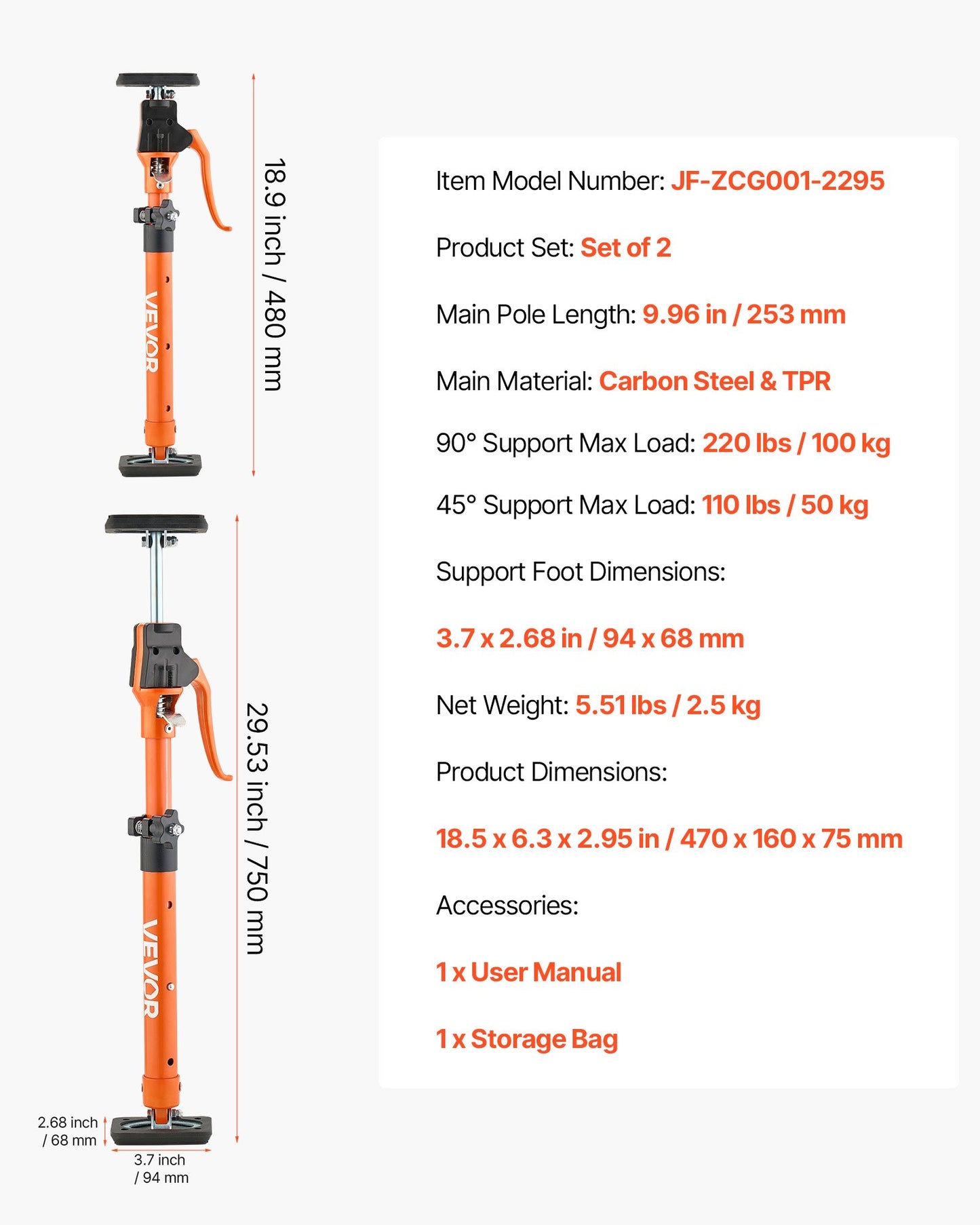 Cabinet Jack Support Pole, 2-Pack, 48-75 cm Steel Telescopic Quick Support Rod, Adjustable 3rd Hand System up to 100 kg Capacity for Installing Cabinets, Lifting Drywall, Cargo Bars