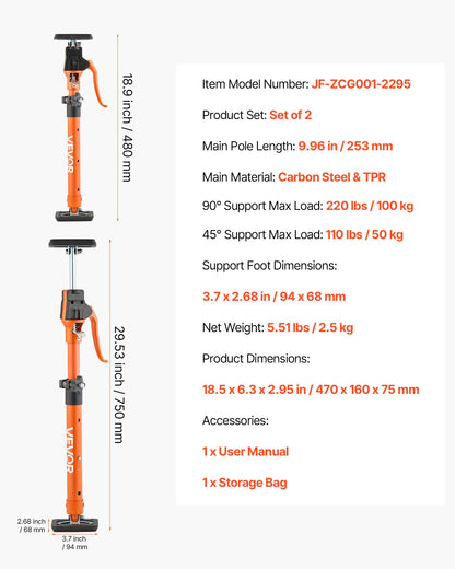 Cabinet Jack Support Pole, 2-Pack, 48-75 cm Steel Telescopic Quick Support Rod, Adjustable 3rd Hand System up to 100 kg Capacity for Installing Cabinets, Lifting Drywall, Cargo Bars