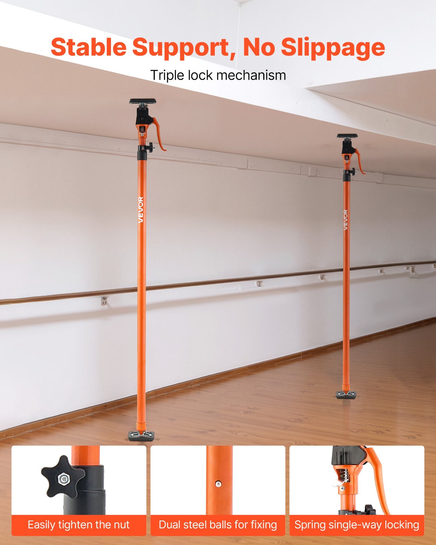 Stödstång för skåpdomkraft, 4-pack, 125-291 cm teleskopisk snabbstödstång i stål, justerbart 3:e handssystem upp till 90 kg kapacitet för installation av skåp, lyft av gipsväggar, laststänger